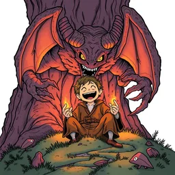 frodo baggins is infested by a lovecraftian demon, illustration, happy