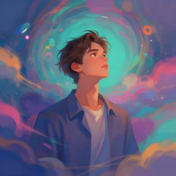 a handsome lonely young man who is trapped in a never ending dream, digital art, colourful
