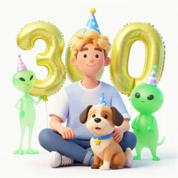 blonde thirty years old guy and one dog and green aliens with birthday hats, celebrating a birthday party in a forest, with chocolate cakes, unicorns and kayaks, with a lighthouse in the background
