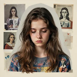 a beautiful surreal portrait of a depressed girl made in a magazine clipping collage style, made by a depressed art student, vaguely reminiscent of pablo picasso