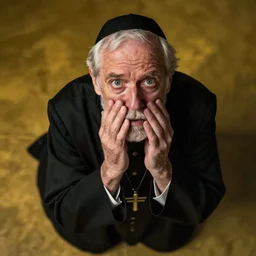 A terrified old catholic priest in black garb kneeled in passionate prayer. His eyes are wide open with fear. Ominous dramatic yellow lighting. Close-up shot from above, award-winning digital art, trending on ArtStation