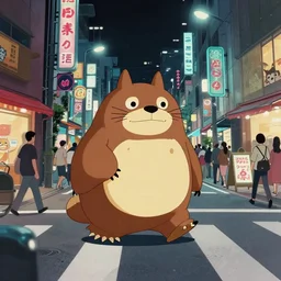 sasquatch walking across a busy street in japan at night. low angle camera. matte painting. hard edges, street art, artstation, by huang guangjian.