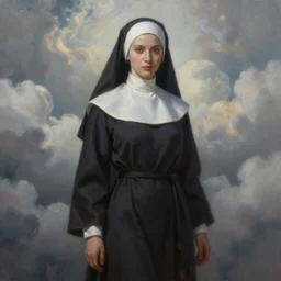ultra realist and ultra intricate detailed soft painting of a beautiful slim curvy female nun in long religius dress, thin lustrous hair, symmetry features, sensual gloomy style, soft painting, volumetric clouds,  fantasy background, artstation, Tom Bagshaw artstyle, unreal render, depth of field