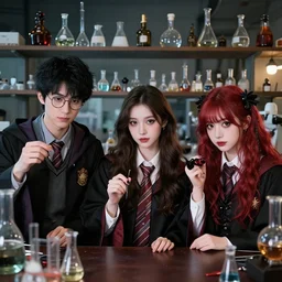 Three friends working in a magic laboratory, one of the friends is a young man with black hair and he is the only one with glasses, the second friend is a beautiful young woman with brunette hair, the third friend is a cute goth girl with red hair, wide angle photography, highly detailed and intricate, rule of thirds, color theory, magic laboratory setting, soft lighting, photo photo