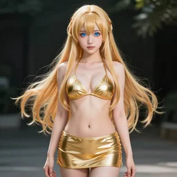 a very beautiful young yuuki asuna, full body, long wavy blond hair, sky blue eyes, full round face,, shiny golden bikini, miniskirt, front shot, highly detailed, cinematic wallpaper by stanley artgerm lau