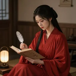 A beautiful young woman sitting in her room reading a book. She is wearing a red robe and holding a quill pen. The room is dimly lit, with only a small lamp providing illumination. Fantasy, digital art, natural lighting, trending on artstation