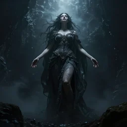 stunning otherworldly goddess of beauty rising from the void, dark and mysterious, stopped in time, atmospheric, ominous, eerie, cinematic, Epic, ultra detail, ultra realistic, rendered by awesomeness