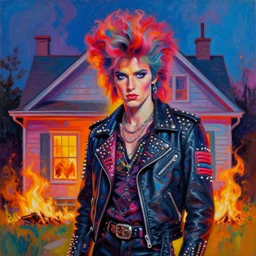 a house being set on fire, cool pose, psychedelic vibrant colors, futuristic punk rock fashion, oil painting by michael whelan art, sharp focus, realistic, detailed eyes, 8 0 s hair, studded leather jacket, 8 k