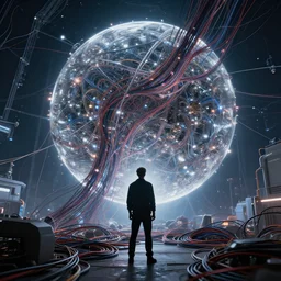 dyson sphere program, by greg rutkowski, by rhads, by jesper ejsing, so many wires, sharp focus, man standing, colony, atom