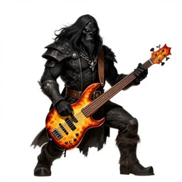 bugbear playing flaming ibanez bass guitar, black beard, dungeons and dragons, hunters gear, character design on white background, drawn by studio ghibli, alphonso mucha, craig mullins, j. c. leyendecker 8 k, proko, trending on artstation colours red and gold