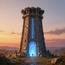 A landscape with a single giant stone brick tower with pillars on top at sunset, magical portal, cyberpunk, glowing runes, technology, Low level, rendered by Beeple, Makoto Shinkai, syd meade, simon stålenhag, environment concept, synthwave style, digital art, unreal engine, WLOP, trending on artstation, 4K UHD image, octane render,