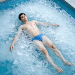 iceman laying in a pool of ice cubes
