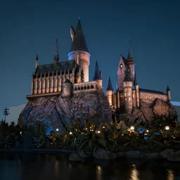 photorealistic castle from harry potter + night time scene + detailed castle structure + lake in front of the castle + high res + 4 k + unreal engine