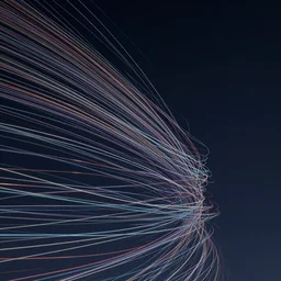 wild, twisting threads of multi - colored wire blowing in a strong wind across the night sky, unreal engine