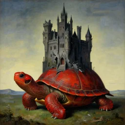 the eternal gothic castle of broken dreams, on top of a giant red turtle, by magritte, dali, breton, masterpiece, symbolism, surrealism, landscape, oil on canvas, 8 k