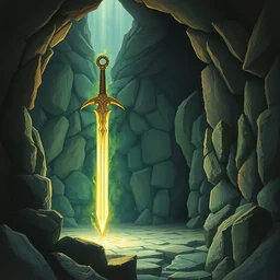 magic sword in a grotto. highly detailed, digital painting, watercolor, soviet realism, engraving, artstation, concept art, smooth, sharp focus, vivid grunge, manga, illustration, unreal engine 5, 8 k, art by bilibin and kuvshinov and malevich and mucha