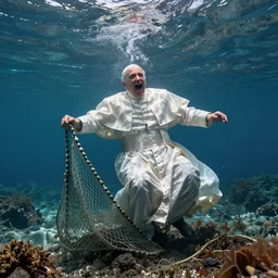 The pope panicking underwater because he has got caught in a fishing net