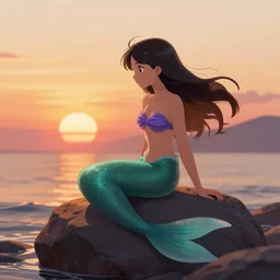 a mermaid sitting on a rock at sunset, digital art by RossDraws and Sakimichan, Artstation