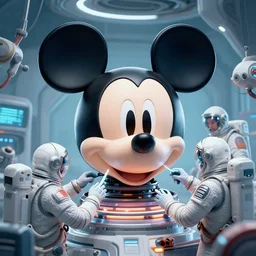 graphic art dystopian futuristic human mechanic surgeons!!! astronauts, operate on a mickeymouse!!! head with a cracked!! skull!! brain exposed, held by a crane with blood!!! on the floor. ominous glowing red netflix!!! logo in the background, beeple!!!!, clean concept art, smooth, octane render, minimal