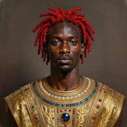 a professionally painted african male model , clothed in ancient suit, dark skin, red gold dreadlocks hair, beautiful bone structure, symmetrical features, stunningly beautiful, intricate, elegant, digital painting, smooth, sharp focus, illustration, made by Kehinde Wiley, Kara Walker, Jacob Lawrence, Sam Gilliam, Edmonia Lewis,