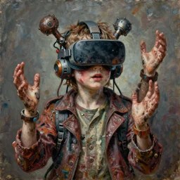 junky kid with 6 hands, cybertronic gadgets and vr helmet, durty colours, rotten textures, rusty shapes, biotechnology, bao pnan, tim hildebrandt, wayne barlow, bruce pennington, donato giancola, larry elmore, oil on canvas, masterpiece, featured on pixiv, cinematic composition, hyper - detailed, hd, hdr, 4 k, 8 k