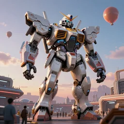 a beautiful hyperrealistic ultradetailed 3 d render of a gigantic mecha guarding a sci - fi spaceport, by greg capullo : 3, mech, unreal engine, octane render, gigantic, unreal engine, octane render, 3 d, brilliantly coloured, intricate, ultra wide angle, trending on artstation, dusk, volumetric lighting, hdr, polished, micro details, ray tracing, 8 k : 2, people, sphere, balloon, blurry, blur, depth of field, dof, bokeh, obscured, macro : - 1
