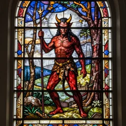 A stunning stained glass window depicting the devil, by Hieronymus Bosch