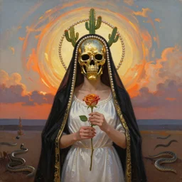 hiperealist oil painting of a woman with metalic gold skeleton mask, wearing white and black virgin attire wearing an aureola made of gold, cactus and pearls over the head, holding a rose in a hand, with warm sunset backlight reflecting on a whirlpool of clouds forming acircular background. sunset light. beneath there's a barren land with serpents.