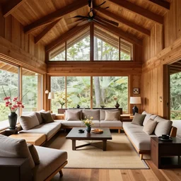 luxurious wooden cottage by alvar aalto, modern furnished japanese living room, japanese flower arrangements, coherent composition, extremely detailed furnitures, architecture photography from deco magazine