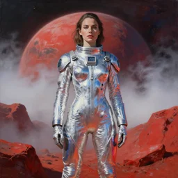 painting by wayne barlow and carlo crivelli, a woman in a skintight silver reflictive shining spacesuit with colorful iridescent metal detailing on a dramatic red rocky planet, fog and atmosphere, 8 k, ray - traced lighting
