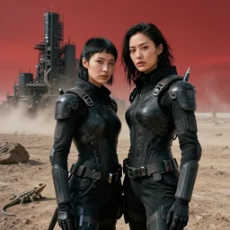 cinestill 5 0 d photographic portrait of two loving female androids wearing rugged black techwear on a desolate plain with a red sky, extreme closeup, lizard on ground, cyberpunk style, in front of a brutalist dark metal facility, dust storm, 3 5 mm, 8 k, f / 3 2, high resolution, ultra realistic faces