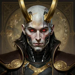 symmetry!! portrait of cyborg loki in the style of god of war, machine parts embedded into face, intricate, elegant, highly detailed, digital painting, artstation, concept art, smooth, sharp focus, illustration, art by artgerm and greg rutkowski and alphonse mucha, 8 k