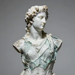 “Apollo statue, glued shattered glass, contemporary sculpture, detailed but rough, 4k photo, great light and shadows”
