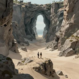 a couple of people standing on top of a sandy beach with a portal to another dimension in cliffs, concept art by senior environment artist, cgsociety, fantasy art, concept art, unreal engine, matte painting
