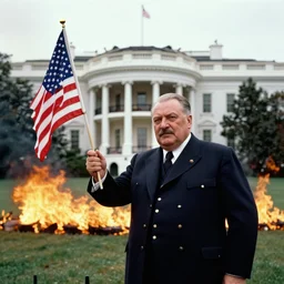 Josif Broz Tito holding American flag in front of the white house while the white house is burning