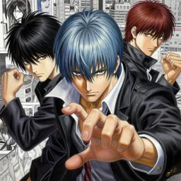 detailed portrait dante from devil may cry yusuke murata and takeshi obata, fighting pose, inspired by death note 2 0 0 3 manga, udon comics, photorealistic style, intricate detailed oil painting, detailed illustration, oil painting,, city in the background, painterly feeling, sharp high detail, sharp high detail face, trending on cgsociety