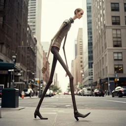 significantly tall skinny monster with very long legs, curved in shape, walking through city by gertrude abercrombie