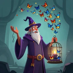 wizard holding a cage, with a swarm of butterflies fluttering out, digital 2d fantasy art, Wayne Barlowe