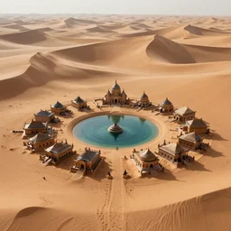 The spiritual village of a lost civilization built near the water of a lone oasis in the center of a seemingly infinite sand desert full of tall sand dunes, concept art, game art, trending on art station