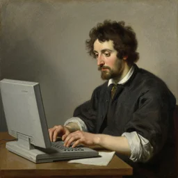 “portrait of a quality assurance analyst typing on a compaq portable computer circa 1615, oil on linen, Chiaroscuro, painted by # Giovanni Baglione”