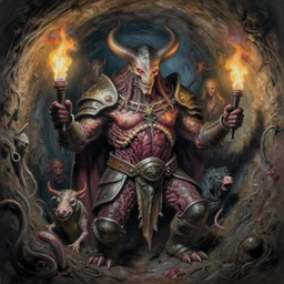 airbrush drawing macro packed with filth, sewer tunnel baphomet orcus hybrid, full bodied premiered, random animal | viscera as god |, carapace armor, claustrophobically crowded into a deep in sewer tunnel, chris foss, enric torres, wayne d barlowe, geof darrow, alberto bontempi, feng zu hyper realism, torch light, muted