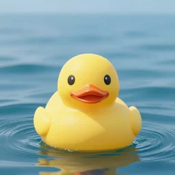 a photo of a yellow rubber duck on a background of a blue ocean, front view, close up, photorealistic, 8 k