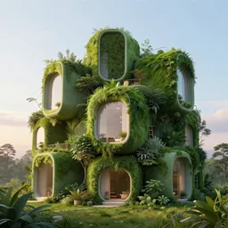 beautiful concept rendering of futuristic lush green houses without characters, in style of tadao ando and bauhaus, intricate and smooth colors, front view, colorful octane render, beautiful dawn light, cinematic composition