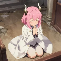 cute japanese girl with small horns, short pink hair, dressed in an old white coat, praying on the floor of a destroyed church, with an elegant smile, view from above, detailed artwork by Yoji Shinkawa