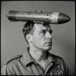 “man with nuclear missile going through his head in the style of a tin type” - n 4