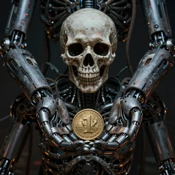 mechanical cybernetic hands holding a coin worth 1 human soul to be traded in hell. centered. horror cyberpunk dystopia style. highly detailed 8 k. intricate. nikon d 8 5 0 3 0 0 mm. award winning photography.