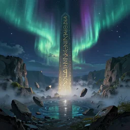 concept art, the night of the aurora, the mysterious atlantis valley basin, the huge rune stele appears space distortion, the rubble floats, the complex scene, the starlight rippling, the fog, the dreamlike, the grand movie scene, the brush strokes, the bright colors, the trend on artstation, ori and the blind fores style