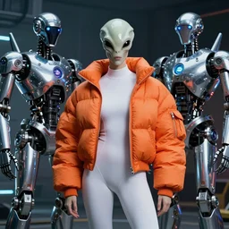 beautiful portrait, alien, wearing oversized orange puffy bomber jacket and white leotard, futuristic chrome drones, ultra realistic, dramatic lighting, robots, tron legacy artifacts, highly detailed by peter mohrbacher, wayne barlowe, boris vallejo, aaron horkey, gaston bussiere, craig mullins