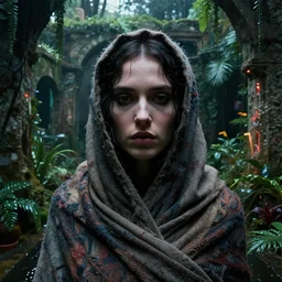 detailed face of a woman clothed and wrapped in textiles, lush, walled garden, utopian, tech noir, wet reflections, chiaroscuro, atmospheric, ambient, pj crook, syd mead, livia prima, artgerm, greg rutkowski, nick alm, casey baugh
