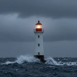 lighthouse with lights on in the middle of a stormy ocean, cloudy , dark